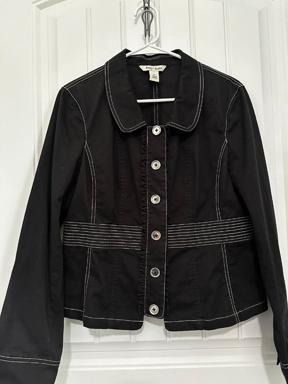 White House Black Market Women's Black Cotton Button Jacket White Topstitching